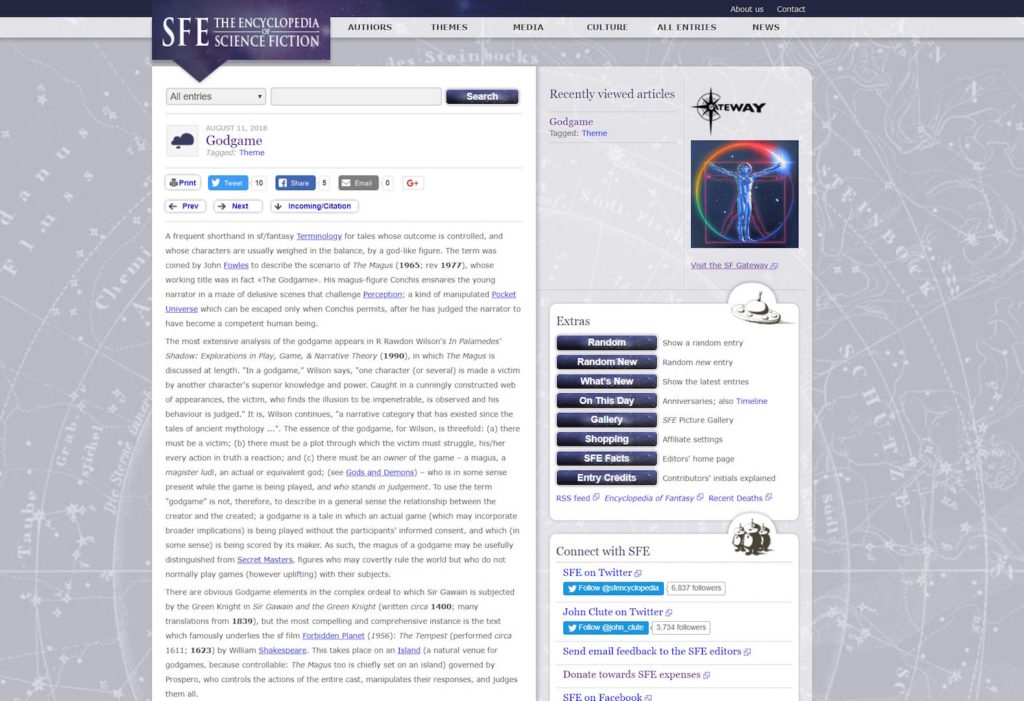 La TESF explique le trope du Godgame. // Source : Capture d'écran The Encyclopedia of Science Fiction La TESF explique le trope du Godgame. // Source : Capture d'écran The Encyclopedia of Science Fiction