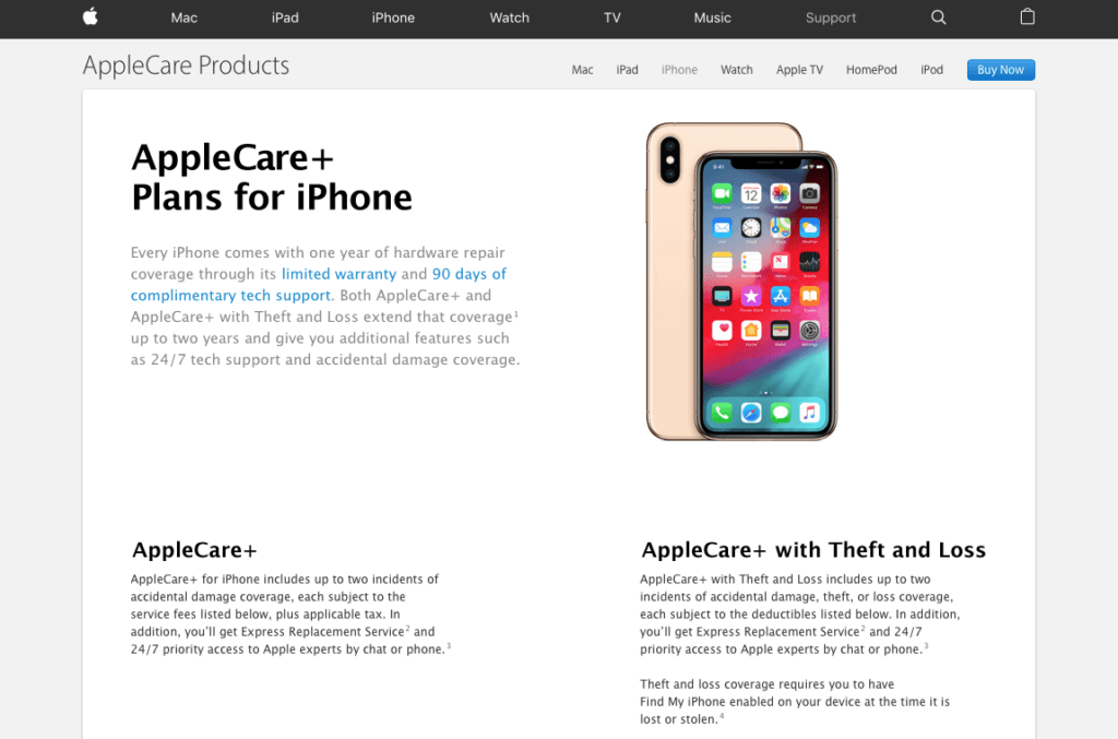 Aux États-Unis, l'assurance AppleCare+ prend désormais en compte le vol et la perte. // Source : Capture d'écran du site d'Apple Aux États-Unis, l'assurance AppleCare+ prend désormais en compte le vol et la perte. // Source : Capture d'écran du site d'Apple