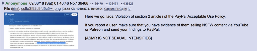 Des internautes se sont échangés le lien pour signaler des youtubeuses utilisant PayPal. // Source : Numerama / Capture d'écran 8Chan Des internautes se sont échangés le lien pour signaler des youtubeuses utilisant PayPal. // Source : Numerama / Capture d'écran 8Chan