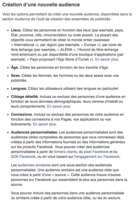 Voici les critères que peuvent utiliser les annonceurs pour leur ciblage publicitaire. // Source : Capture d'écran / Numerama Voici les critères que peuvent utiliser les annonceurs pour leur ciblage publicitaire. // Source : Capture d'écran / Numerama