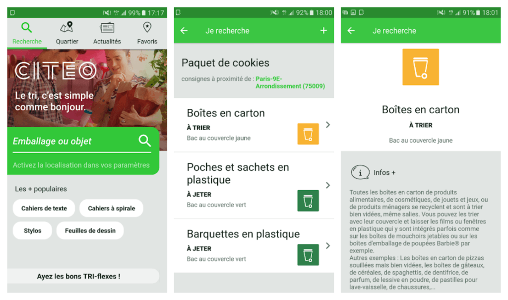 L'application qui indique la consigne de tri en fonction de votre localisation. // Source : Captures d'écran Guide du tri L'application qui indique la consigne de tri en fonction de votre localisation. // Source : Captures d'écran Guide du tri