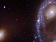 La galaxie AM 0644. En violet, les rayons X observés par Chandra ; en rouge, vert et bleu, ceux observés par Hubble. // Source : X-ray: NASA/CXC/INAF/A. Wolter et al; Optical: NASA/STScI (photo recadrée)