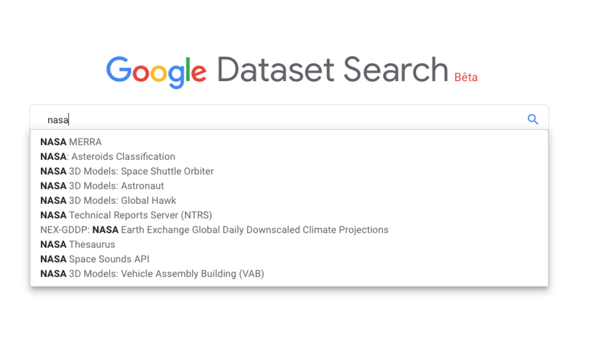 Capture d'écran Google Dataset Search Capture d'écran Google Dataset Search
