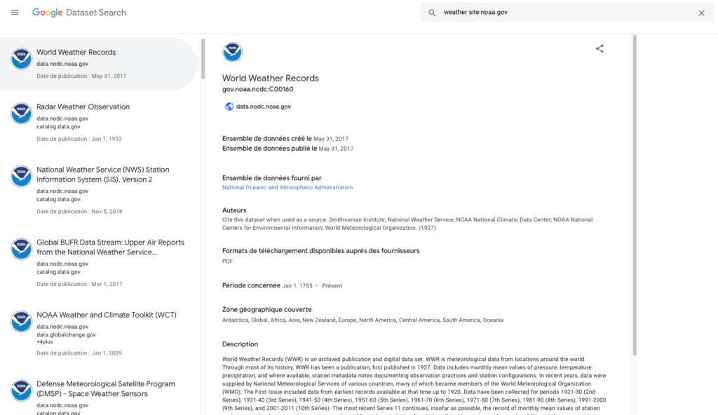 Un exemple de recherche. // Source : Capture d'écran Google Dataset Search Un exemple de recherche. // Source : Capture d'écran Google Dataset Search