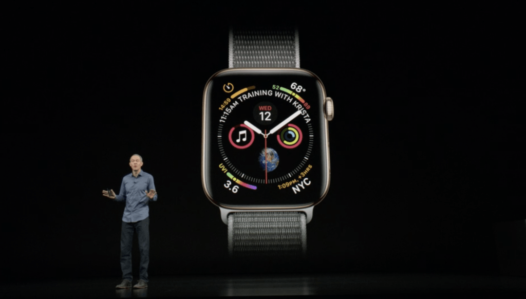 Apple Watch Series 4. Capture d'écran de la Keynote Apple du 12 septembre 2018 // Source : Apple Apple Watch Series 4. Capture d'écran de la Keynote Apple du 12 septembre 2018 // Source : Apple