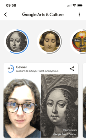 Capture d'écran de notre test d'Art Selfie sur mobile // Source : Google Arts and Culture Capture d'écran de notre test d'Art Selfie sur mobile // Source : Google Arts and Culture