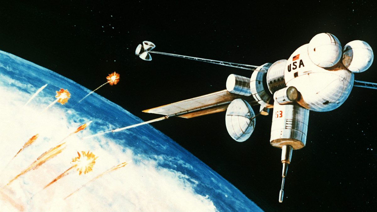 Vision d'artiste d'un canon électromagnétique placé dans l'espace. // Source : Department of Defense Vision d'artiste d'un canon électromagnétique placé dans l'espace. // Source : Department of Defense