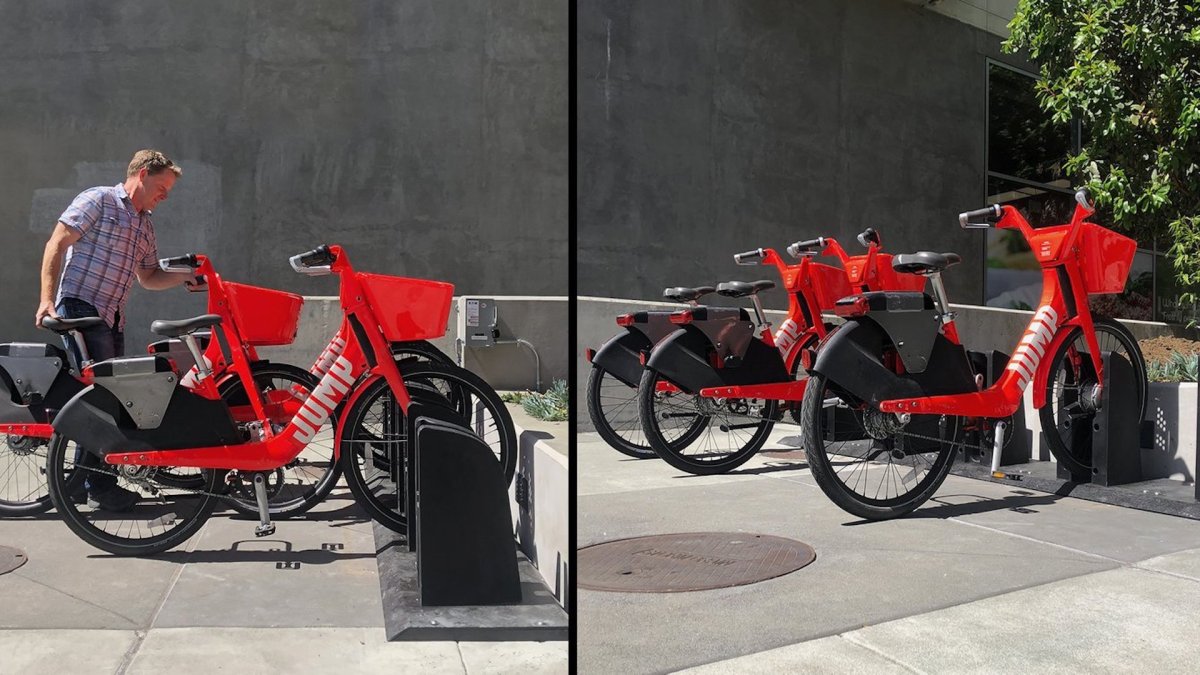 Une borne de recharge de vélos électriques Jump Bikes de Uber // Source : Jump Bikes Une borne de recharge de vélos électriques Jump Bikes de Uber // Source : Jump Bikes