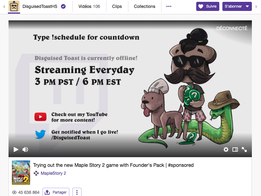 Disguised Toast est en ce moment sponsorisée par Mapple Village 2 // Source : Capture d'écran de la chaîne Twitch de Disguised Toast, le 5 octobre 2018. Disguised Toast est en ce moment sponsorisée par Mapple Village 2 // Source : Capture d'écran de la chaîne Twitch de Disguised Toast, le 5 octobre 2018.