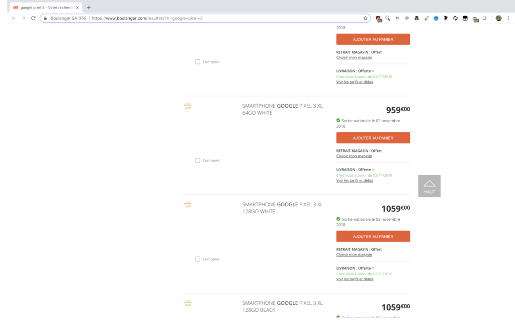 Prix Pixel 3 et Pixel 3 XL (Boulanger) // Source : Capture Numerama du 9 octobre 2018 Prix Pixel 3 et Pixel 3 XL (Boulanger) // Source : Capture Numerama du 9 octobre 2018