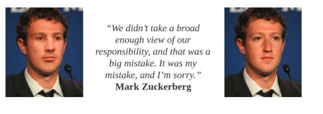 À gauche la version anonymée de Mark Zuckerberg. S'il garde la même coiffure, ses yeux bleus sont devenues marron. // Source : Brighter AI À gauche la version anonymée de Mark Zuckerberg. S'il garde la même coiffure, ses yeux bleus sont devenues marron. // Source : Brighter AI