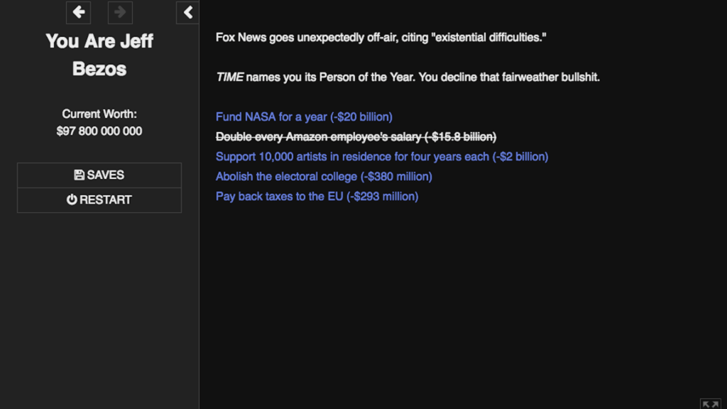 Soutenir 10 000 artistes pendant quatre ans me coûterait 2 % de ma fortune. J'hésite. // Source : You are Jeff Bezos - Kris Ligman Soutenir 10 000 artistes pendant quatre ans me coûterait 2 % de ma fortune. J'hésite. // Source : You are Jeff Bezos - Kris Ligman