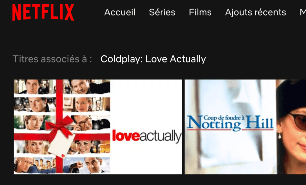 Capture d'écran de la vignette "Love Actually" notre interface Netflix // Source : Marie Turcan/Numerama Capture d'écran de la vignette "Love Actually" notre interface Netflix // Source : Marie Turcan/Numerama