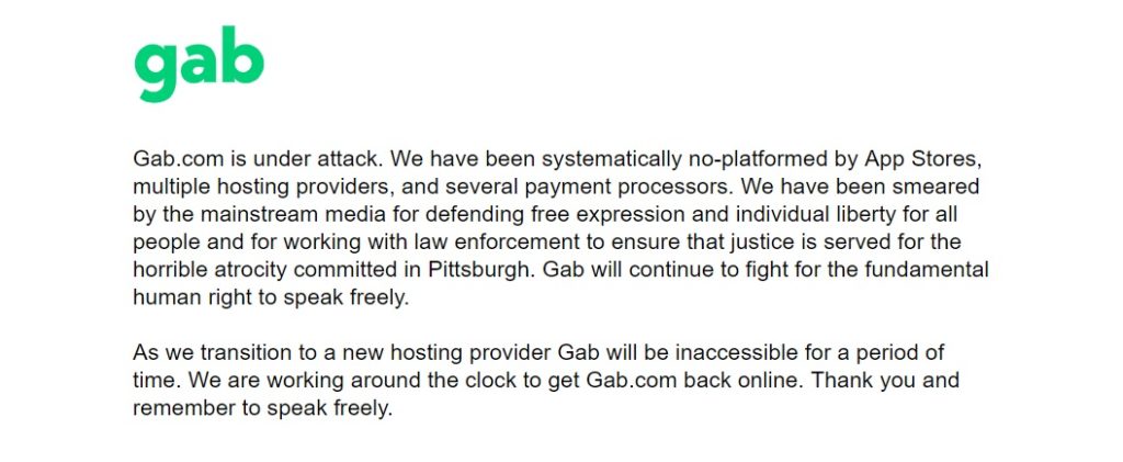 Le site Gab se dit ciblé par les médias. // Source : Capture d'écran Gab / Numerama Le site Gab se dit ciblé par les médias. // Source : Capture d'écran Gab / Numerama