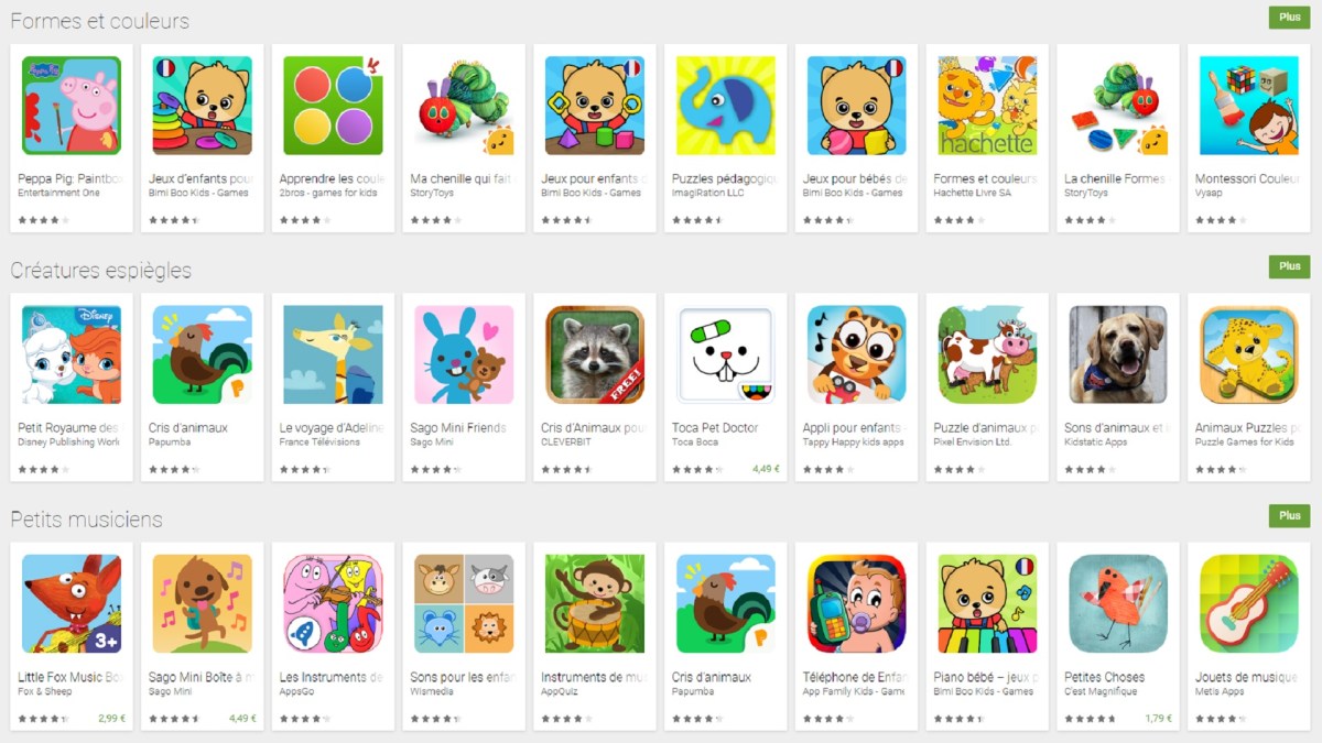 Un aperçu des applications destinées aux moins de cinq ans sur Google Play. // Source : Capture d'écran Google Play / Numerama Un aperçu des applications destinées aux moins de cinq ans sur Google Play. // Source : Capture d'écran Google Play / Numerama