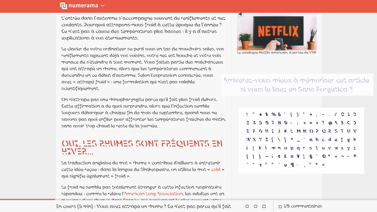 Un article de Numerama converti en Sans Forgetica. // Source : Capture d'écran Numerama Un article de Numerama converti en Sans Forgetica. // Source : Capture d'écran Numerama