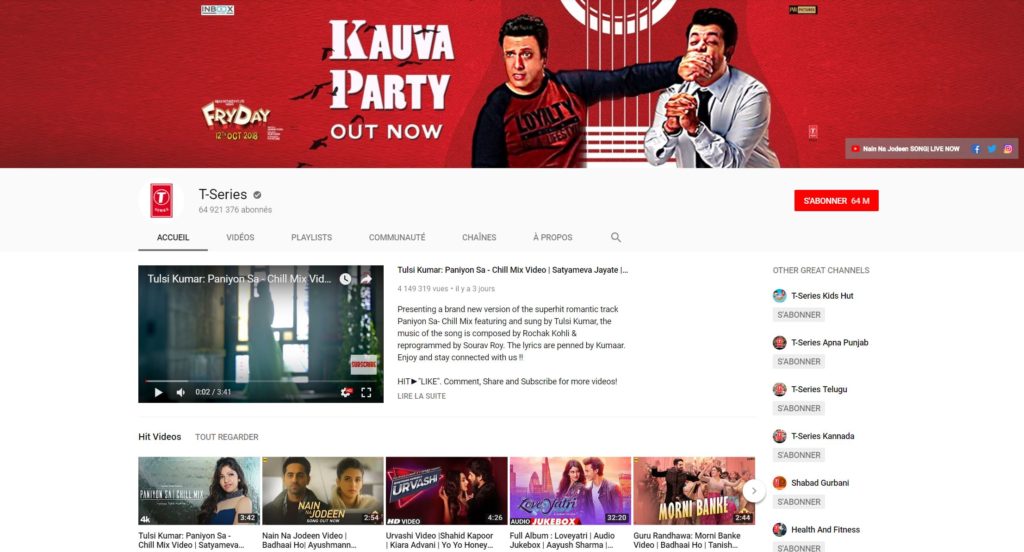 La chaîne YouTube de T-Series fait plus de vues que celle de PewDiePie. // Source : T-Series / YouTube