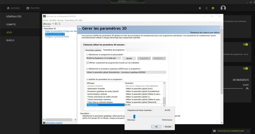 Une fois le Whisper Mode activé, il est possible de plafonner soi-même le nombre de FPS sur les jeux dans les options du panneau de configuration Nvidia. Une fois le Whisper Mode activé, il est possible de plafonner soi-même le nombre de FPS sur les jeux dans les options du panneau de configuration Nvidia.