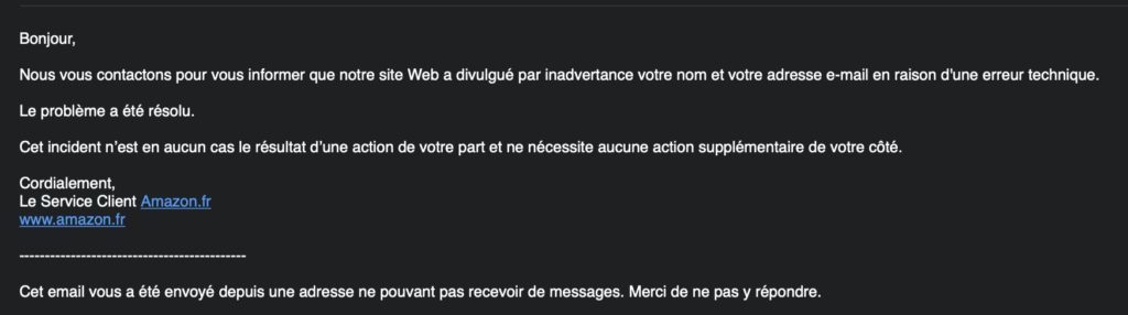 Le mail d'Amazon envoyés aux clients Français par la fuite des données. // Source : Siècle Digital Le mail d'Amazon envoyés aux clients Français par la fuite des données. // Source : Siècle Digital