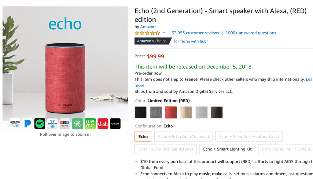 Amazon Echo (RED) 2nde génération // Source : Amazon Amazon Echo (RED) 2nde génération // Source : Amazon
