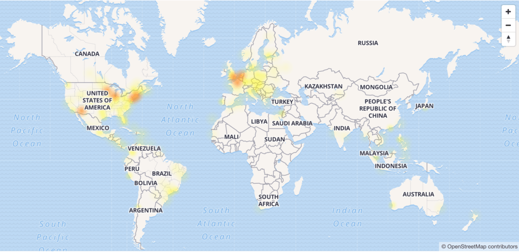 Carte DownDetector capture d'écran le 20 novembre 2018 // Source : Downdetector Carte DownDetector capture d'écran le 20 novembre 2018 // Source : Downdetector