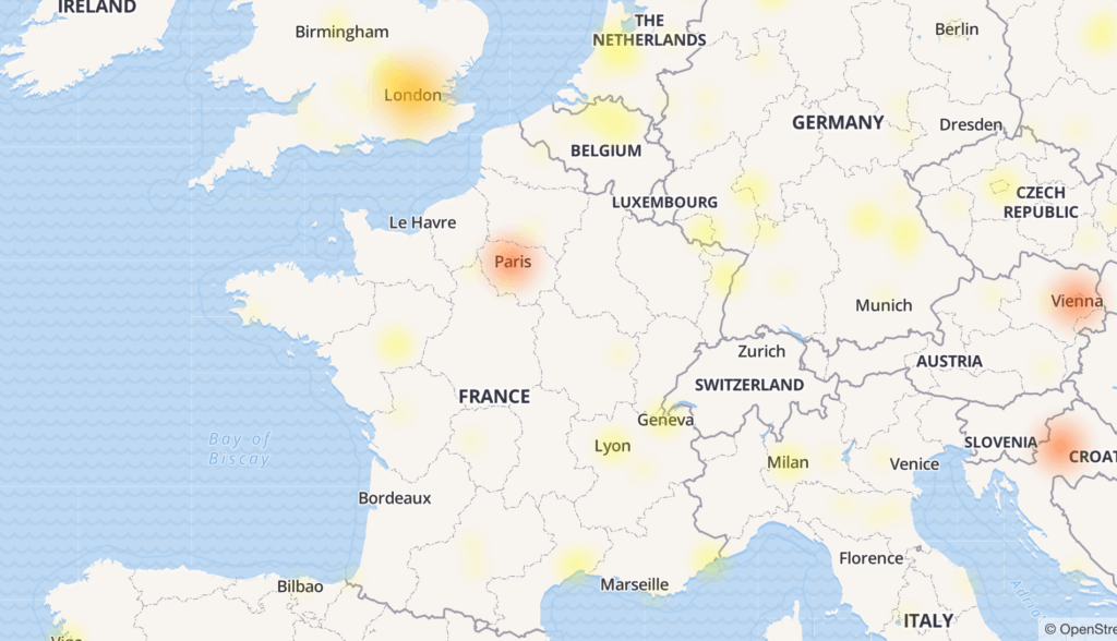 Carte DownDetector capture d'écran le 20 novembre 2018 // Source : Downdetector Carte DownDetector capture d'écran le 20 novembre 2018 // Source : Downdetector