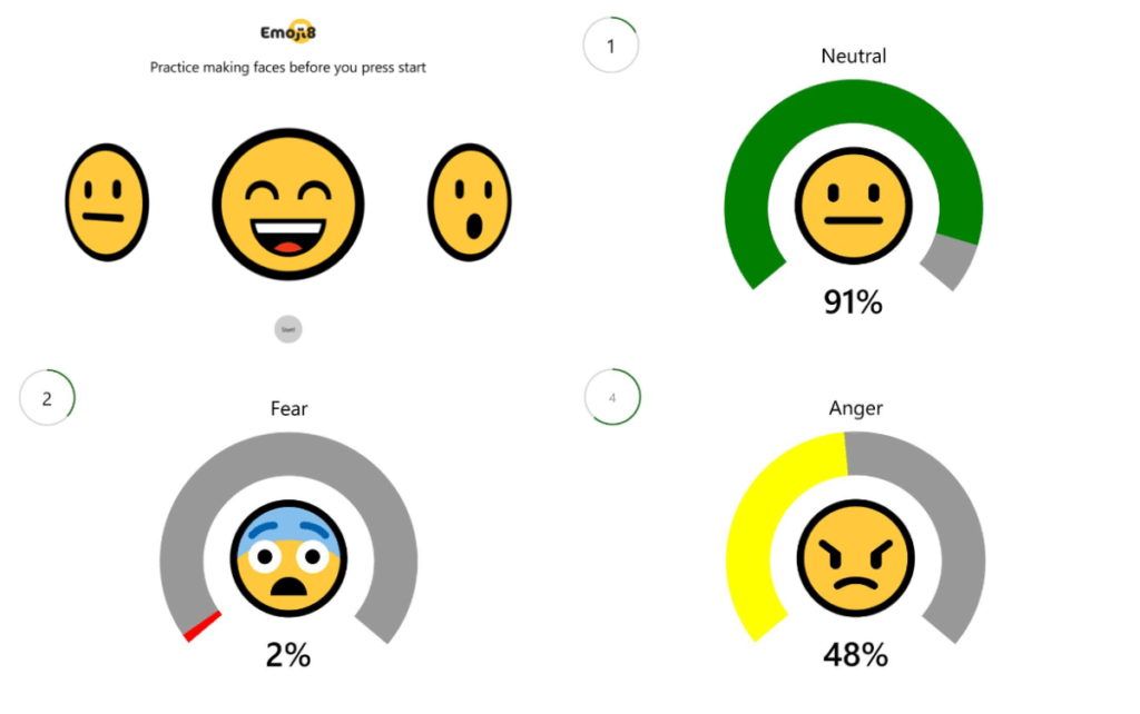 L'application évalue si vous savez imiter les expressions des emojis. // Source : Emoji8 Microsoft L'application évalue si vous savez imiter les expressions des emojis. // Source : Emoji8 Microsoft