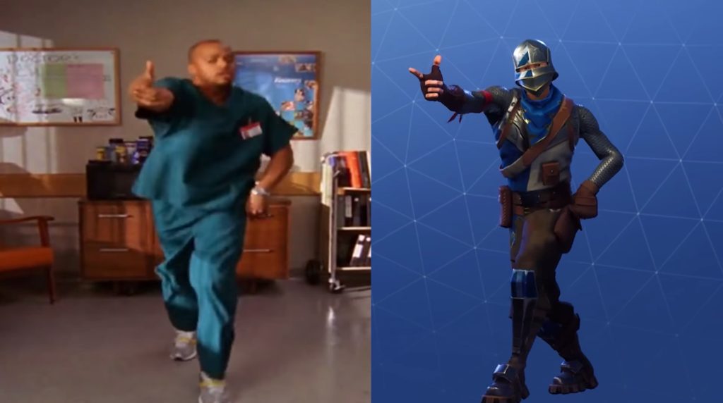 Les mouvements de Donald Faison à gauche dans Fortnite (droite) // Source : YouTube/A_Rival Planetskill Les mouvements de Donald Faison à gauche dans Fortnite (droite) // Source : YouTube/A_Rival Planetskill