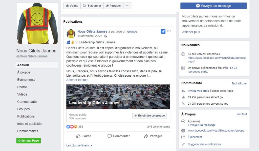 La page « nos gilets jaunes » est l'une des plus populaires. // Source : Capture d'écran Facebook / Numerama La page « nos gilets jaunes » est l'une des plus populaires. // Source : Capture d'écran Facebook / Numerama