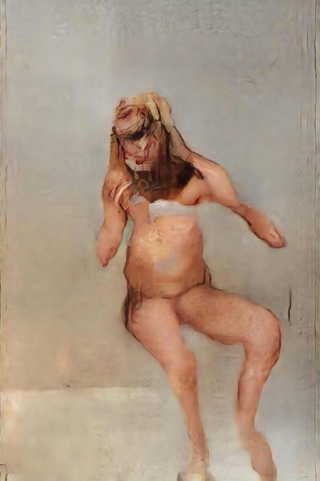 "Le fils du boucher", par Mario Klingemann. L'artiste a obtenu se résultat en mettant plusieurs GAN à la chaîne, pour travailler sur les textures. // Source : Marion Klingemann @quasimondo "Le fils du boucher", par Mario Klingemann. L'artiste a obtenu se résultat en mettant plusieurs GAN à la chaîne, pour travailler sur les textures. // Source : Marion Klingemann @quasimondo