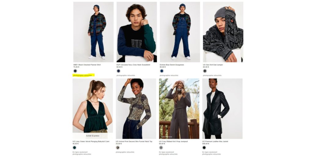 Sous les vêtements, la mention devenue obligatoire en cas de retouche. // Source : Capture d'écran Urban Outfitters / Numerama Sous les vêtements, la mention devenue obligatoire en cas de retouche. // Source : Capture d'écran Urban Outfitters / Numerama