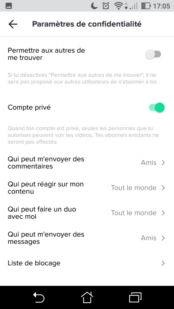 Il est possible de paramétrer son compte TikTok pour se protéger. // Source : Capture d'écran TikTok / Numerama Il est possible de paramétrer son compte TikTok pour se protéger. // Source : Capture d'écran TikTok / Numerama