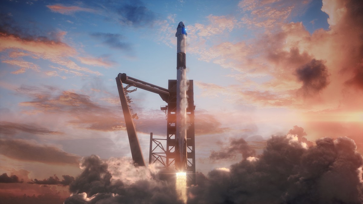 Vue d'artiste d'un décollage de SpaceX. // Source : SpaceX. Vue d'artiste d'un décollage de SpaceX. // Source : SpaceX.