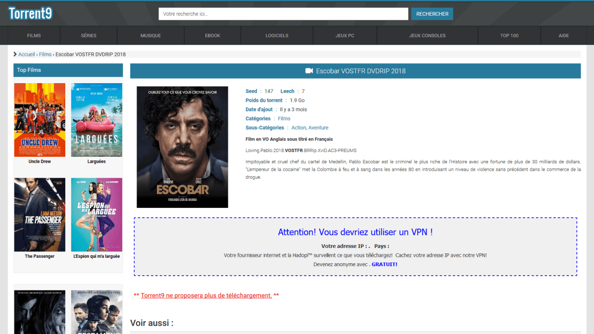 Capture d'écran d'une page de Torrent9. Capture d'écran d'une page de Torrent9.