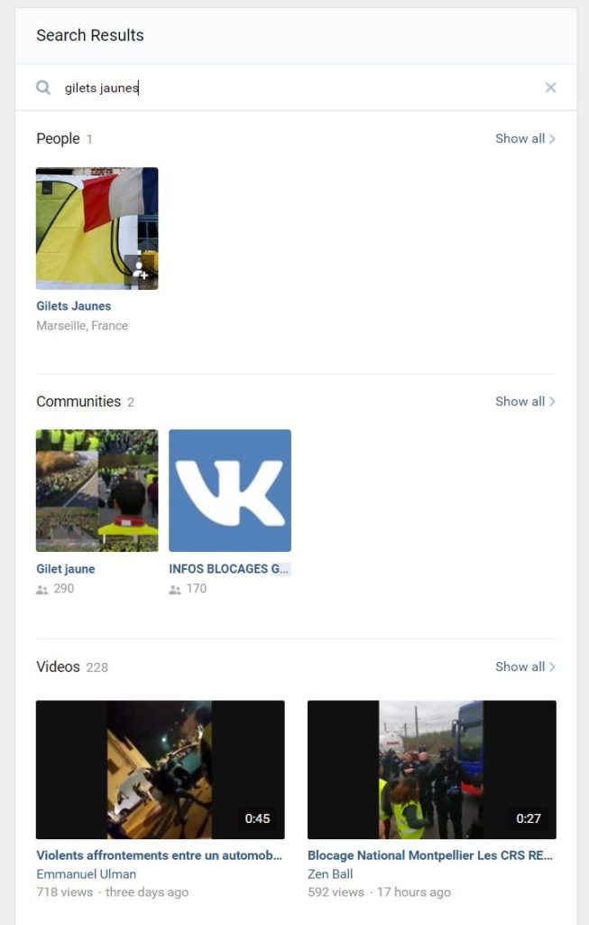 Sur VKontakte, quelques groupes sur les gilets jaunes. // Source : Capture d'écran / Vkontakte Sur VKontakte, quelques groupes sur les gilets jaunes. // Source : Capture d'écran / Vkontakte