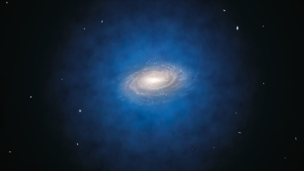 La distribution estimée de la matière noire autour de la Voie lactée, en bleu. // Source : Wikimedia/CC/ESO/L. Calçada La distribution estimée de la matière noire autour de la Voie lactée, en bleu. // Source : Wikimedia/CC/ESO/L. Calçada