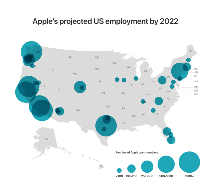 Les villes dans lesquelles Apple veut installer des campus d'ici 3 ans. // Source : Apple Les villes dans lesquelles Apple veut installer des campus d'ici 3 ans. // Source : Apple