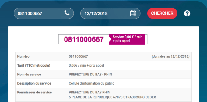 L'agenda inversé de infosva.org confirme que la préfecture du Bas-Rhin dispose du numéro. // Source : Capture d'écran du 12/12/2019 à 15h20 L'agenda inversé de infosva.org confirme que la préfecture du Bas-Rhin dispose du numéro. // Source : Capture d'écran du 12/12/2019 à 15h20
