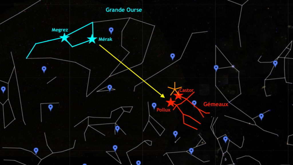 Une astuce pour trouver le radiant des Géminides (en orange). // Source : Capture d'écran Google Sky, annotations Numerama&ie Une astuce pour trouver le radiant des Géminides (en orange). // Source : Capture d'écran Google Sky, annotations Numerama&ie