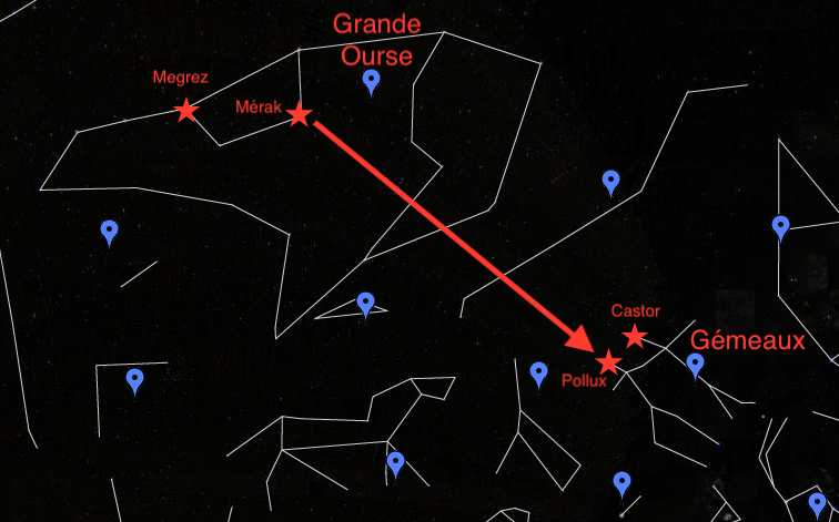 La position des constellations de la Grande Ourse et des Gémeaux. // Source : Capture d'écran Google Sky La position des constellations de la Grande Ourse et des Gémeaux. // Source : Capture d'écran Google Sky