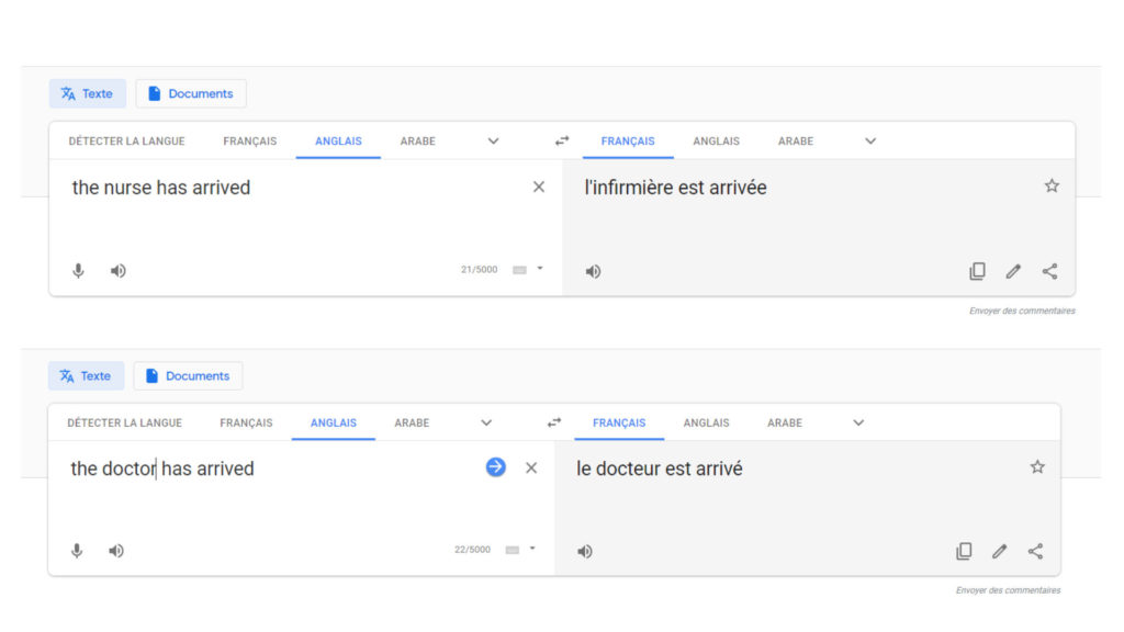 L'infirmier est une femme, le docteur un homme, selon Google Traduction. // Source : Captures d'écran Google Traduction / Numerama L'infirmier est une femme, le docteur un homme, selon Google Traduction. // Source : Captures d'écran Google Traduction / Numerama