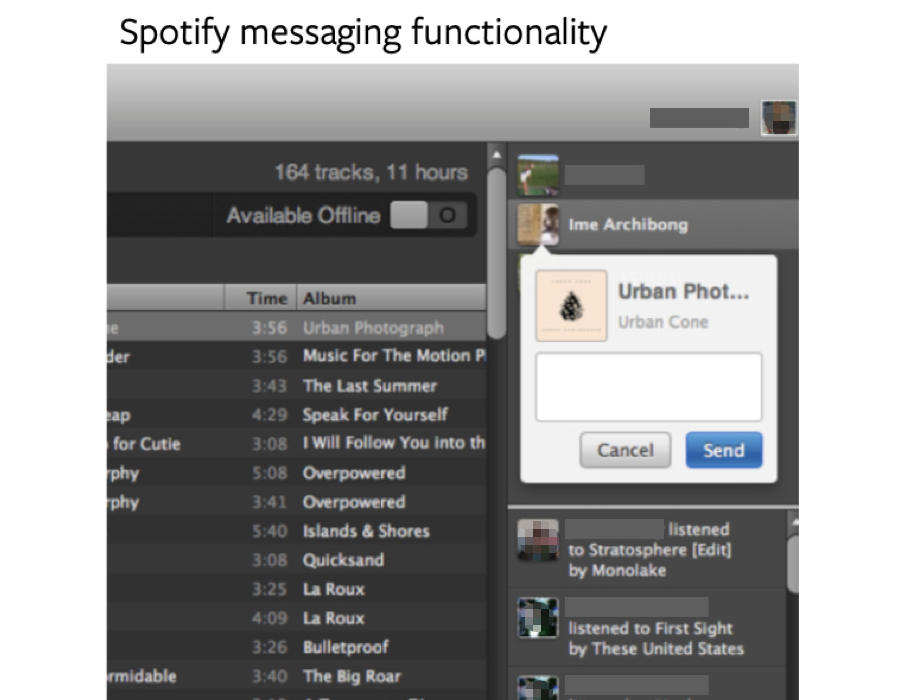 Envoyer un message Facebook depuis Spotify // Source : Facebook Envoyer un message Facebook depuis Spotify // Source : Facebook