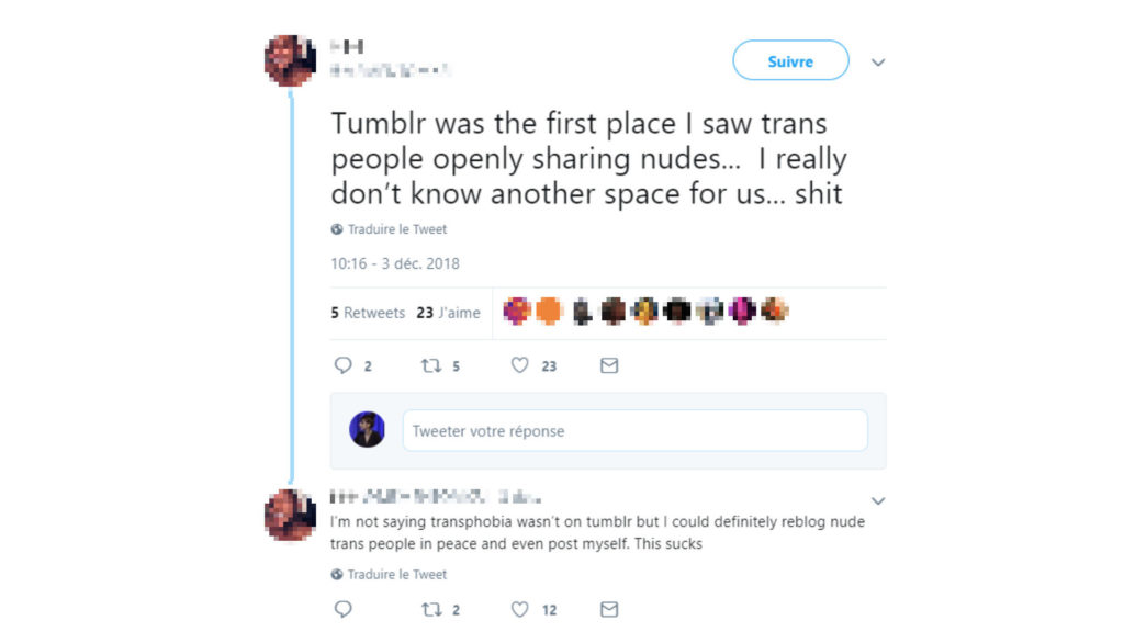Un internaute regrette la décision de Tumblr. Il explique que c'est là qu'il a vu pour la première fois des personnes transexuelles partager des nudes. // Source : Capture d'écran Twitter Un internaute regrette la décision de Tumblr. Il explique que c'est là qu'il a vu pour la première fois des personnes transexuelles partager des nudes. // Source : Capture d'écran Twitter