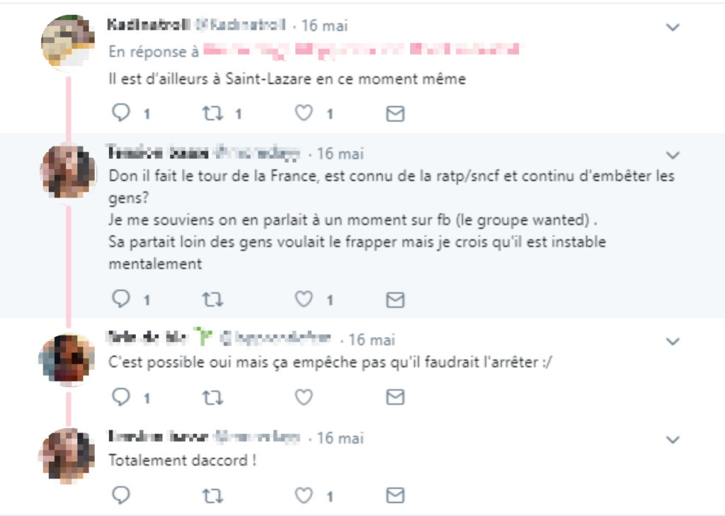 Des femmes échangent sur un agresseur. // Source : Capture d'écran Twitter / Numerama Des femmes échangent sur un agresseur. // Source : Capture d'écran Twitter / Numerama