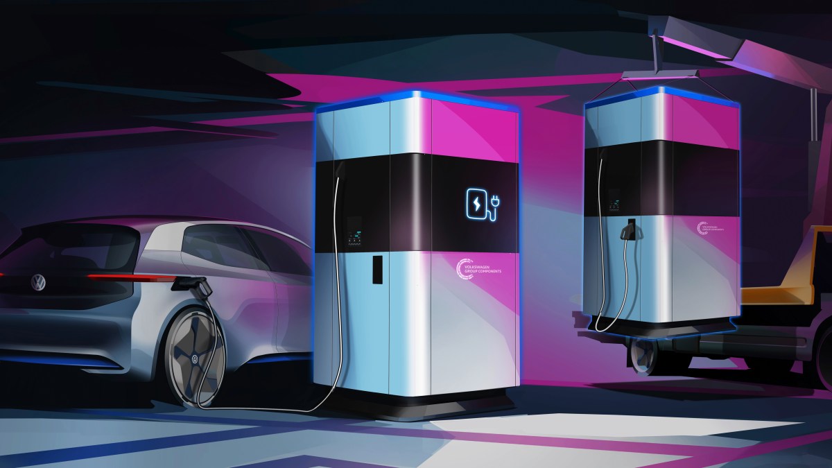 Borne de recharge mobile Volkswagen // Source : Volkswagen Borne de recharge mobile Volkswagen // Source : Volkswagen
