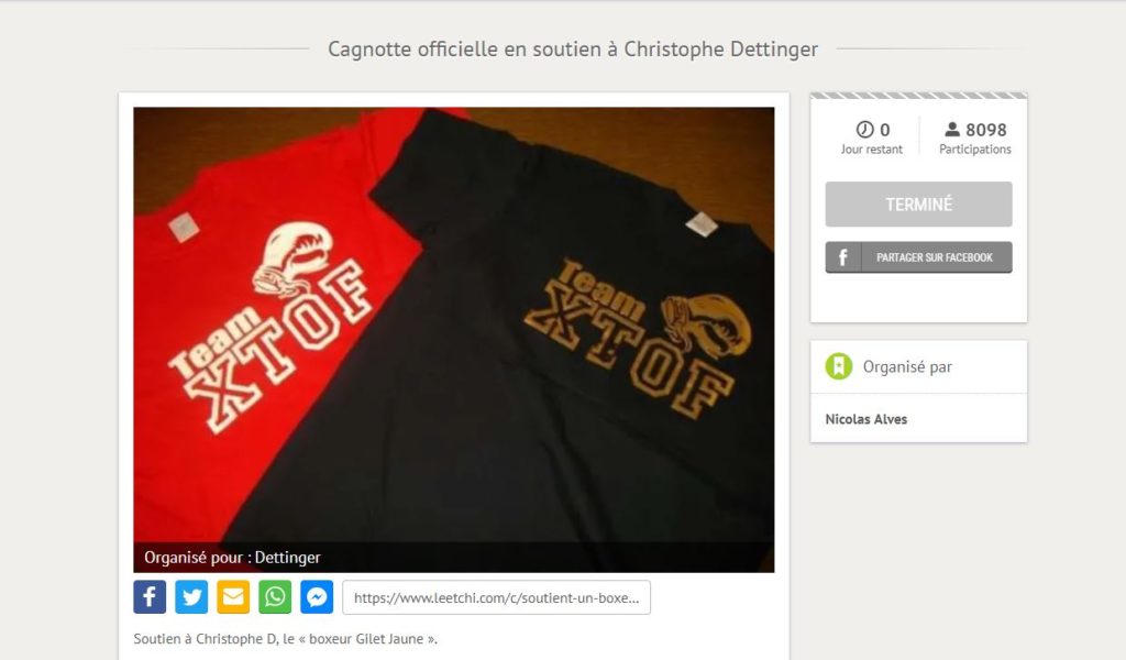 La cagnotte dédiée à Christophe Dettinger. // Source : Capture d'écran Leetchi / Numerama La cagnotte dédiée à Christophe Dettinger. // Source : Capture d'écran Leetchi / Numerama