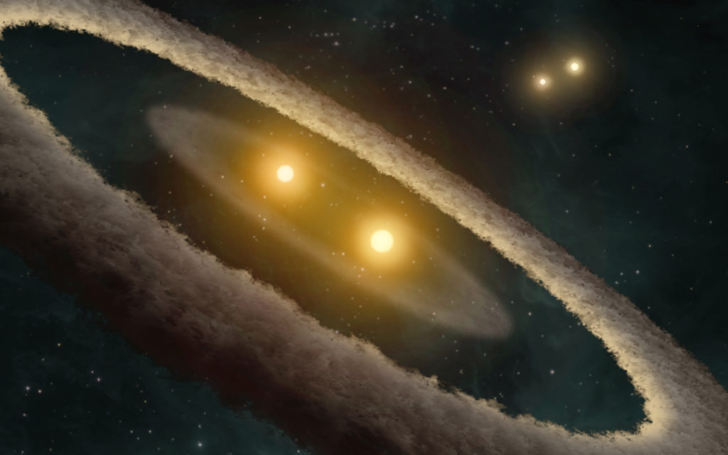 Une représentation du système HD 98800. // Source : Wikimedia/CC/NASA/JPL-Caltech/T. Pyle (SSC) (photo recadrée) Une représentation du système HD 98800. // Source : Wikimedia/CC/NASA/JPL-Caltech/T. Pyle (SSC) (photo recadrée)