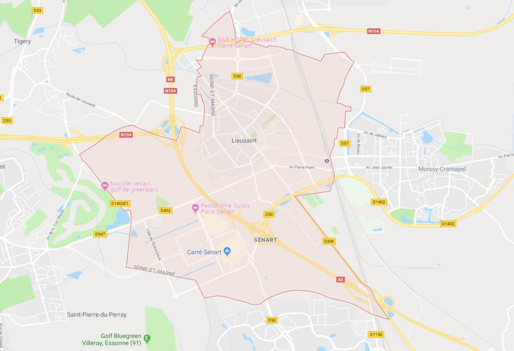 Lieusaint est entouré d'axes routiers importants. // Source : Google Maps
