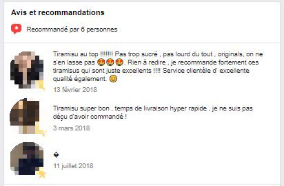Les avis clients postés sur la page Facebook de TiramisuByNight // Source : Capture d'écran / Facebook