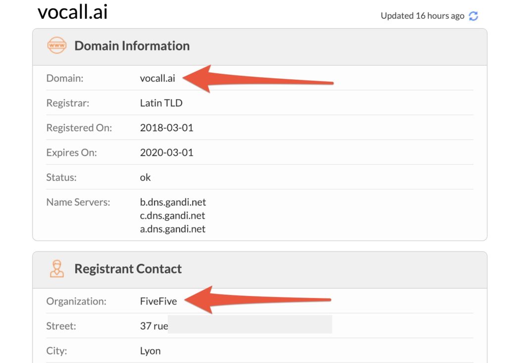 Le nom de domaine de Vocall.ia déposé par FiveFive // Source : Whois